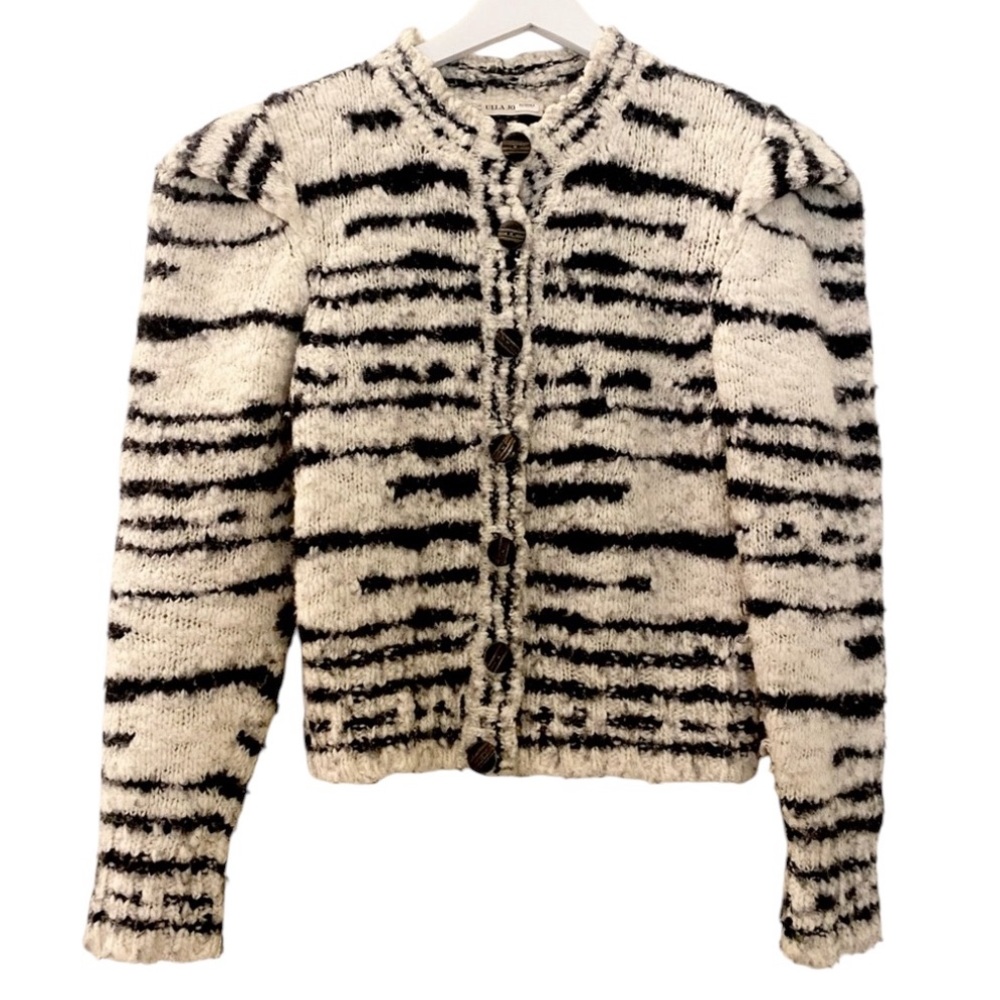 Ulla Johnson Skye Animal Print Puff Sleeve Cardigan Cream Black Medium